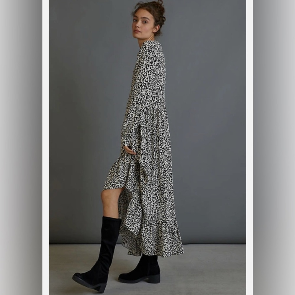 Anthropologie Mare Mare Black/White Leopard Print Maxi Long Sleeve Dress